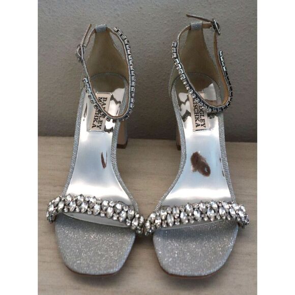 Badgley Mischka Women's Sz 6.5 Silver Embellished Harriet Open Toe Heels - Picture 3 of 10